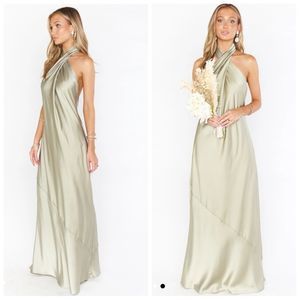 NWOT Show Me Your MuMu Jasmine Halter Maxi Dress In Moss Green Luxe Satin